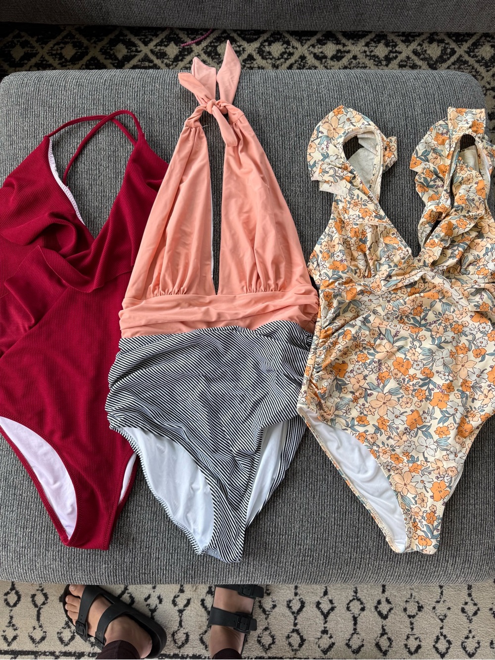Cupshe Three-Piece One-Piece Swimsuit Set — Burgundy, Peach, Floral